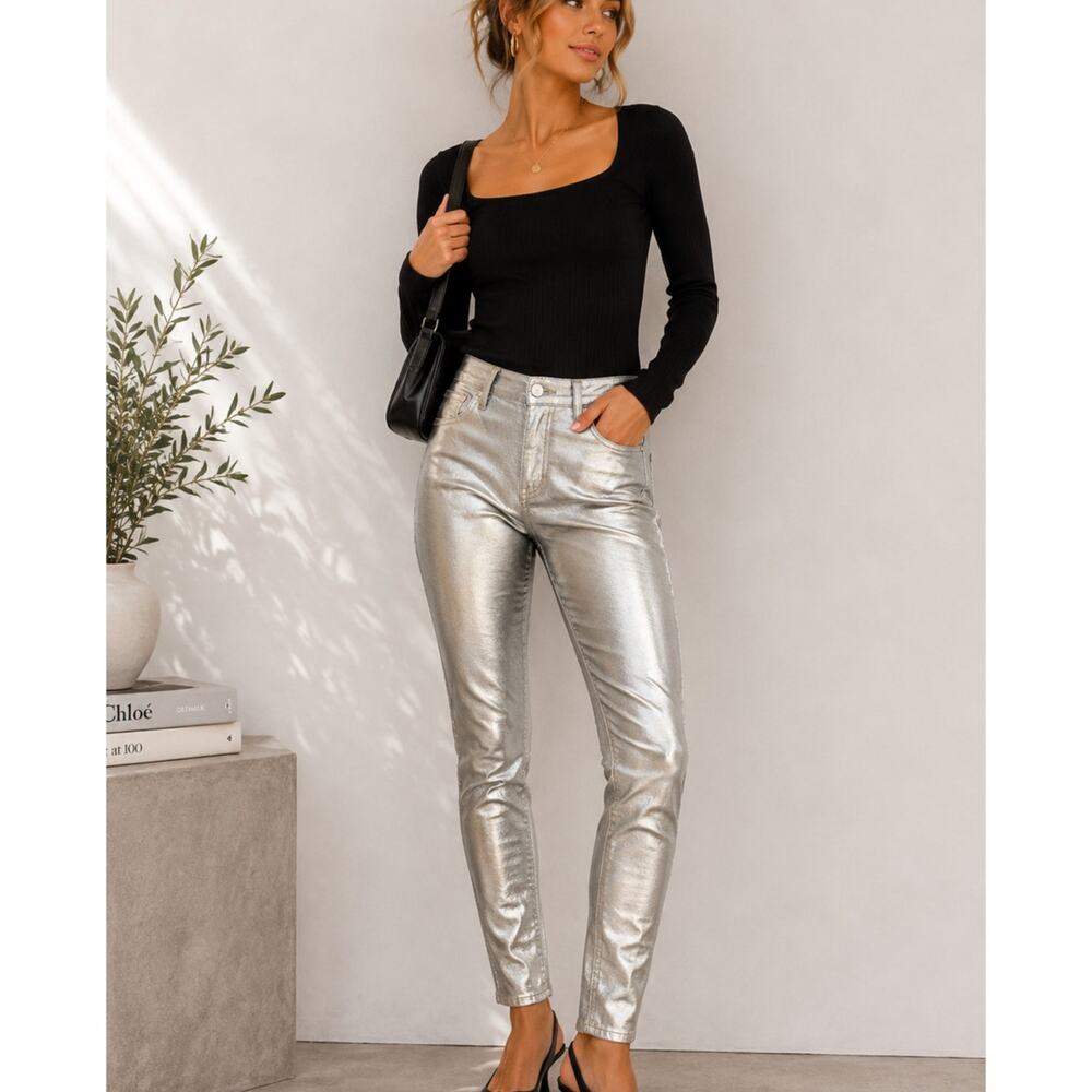 J Brand Gold Messaline Coated Skinny Jeans Womens 26 Holiday Sparkle Denim